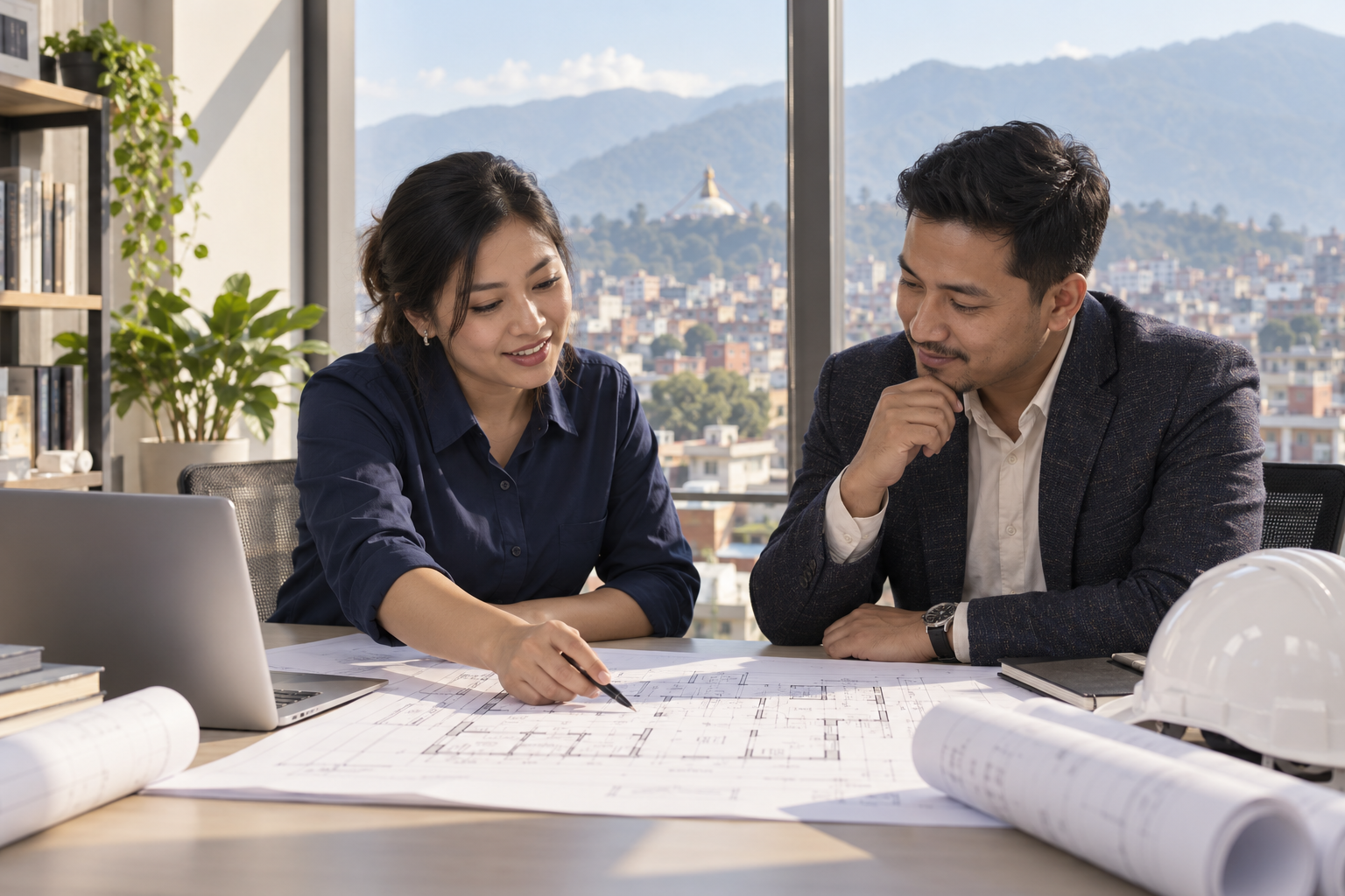 Illustrative Nepalese engineer discussing a building plan with a client